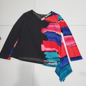 Clara Sun Woo Shirt Womens Large Black Multicolor Asymmetrical Hem Tunic